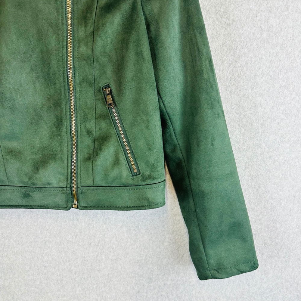 Banana Republic Womans Medium Petite Moto Jacket Green Vegan Suede - Picture 2 of 10